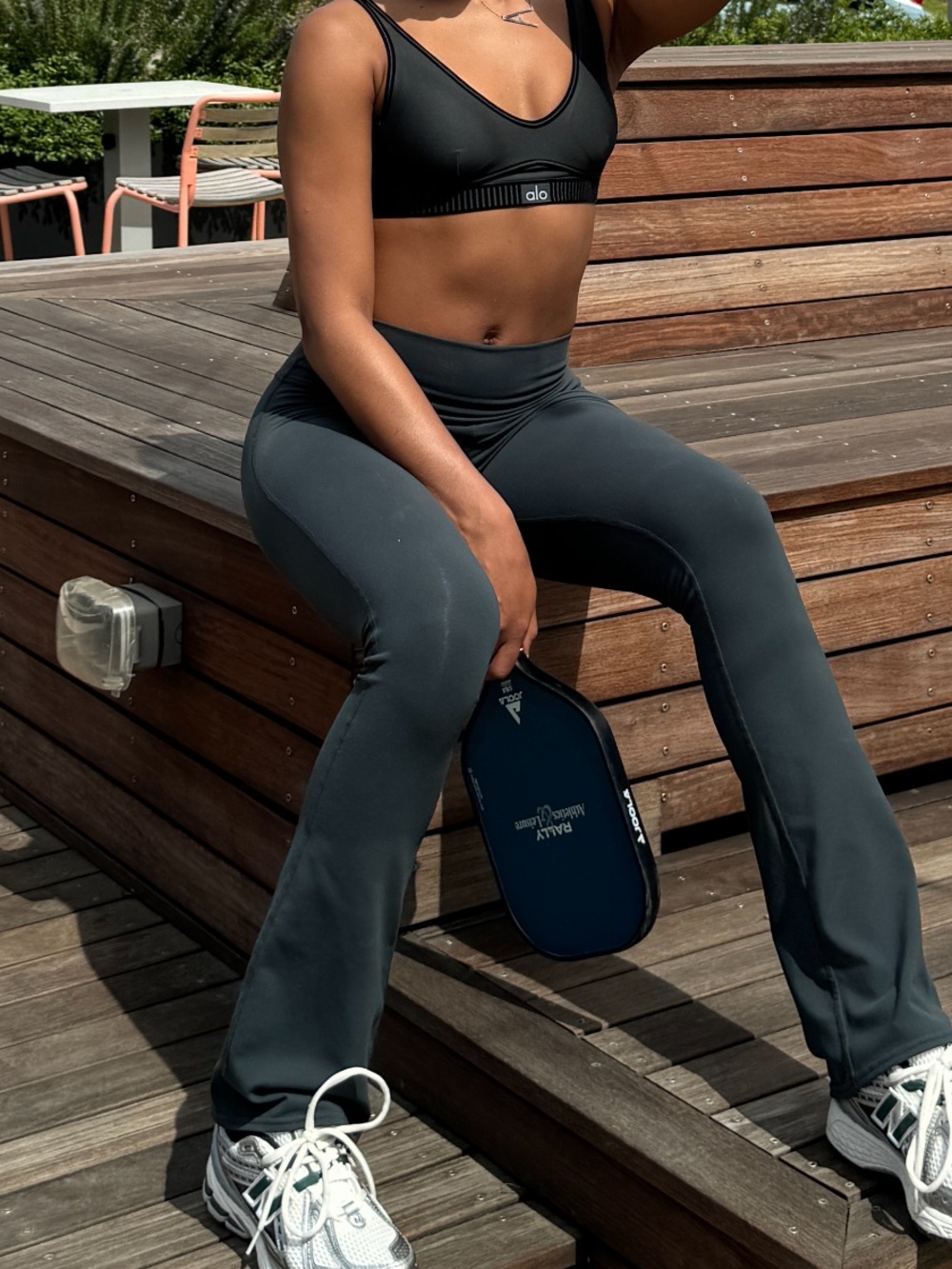 ALO Yoga Black Sports Bra and Flared Leggings Set